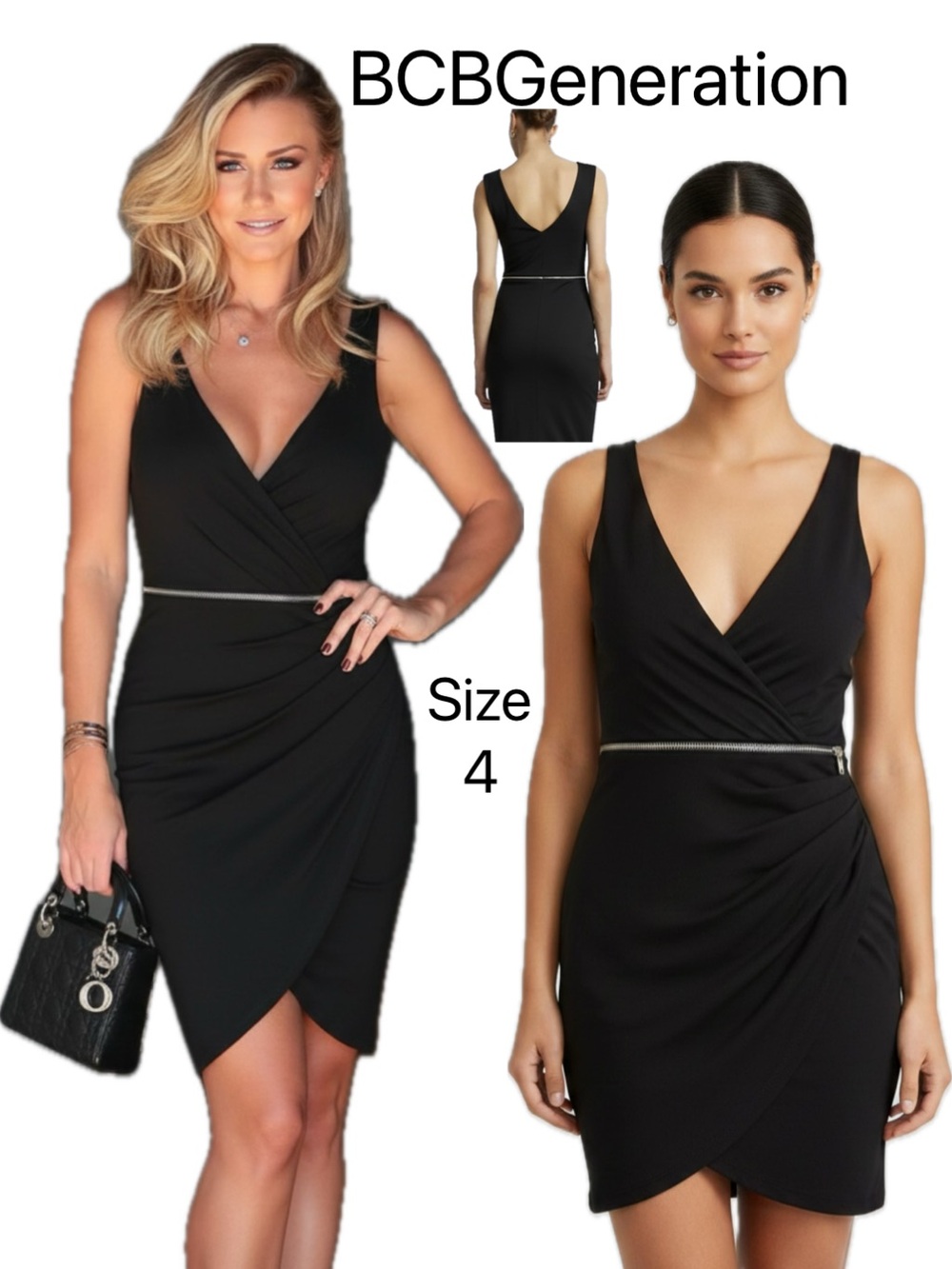 BCBGeneration Black Wrap Dress V-Neck Sleeveless Waist Zipper Detail 4